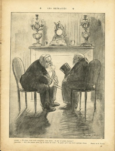 Ilustración de Ricardo Flores (1878-1918) en Le Rire, 22/02/13 - Pensiones - Presidente de la República - Fallieres Armand (1841-1931), Loubet Emile de Ricardo Flores