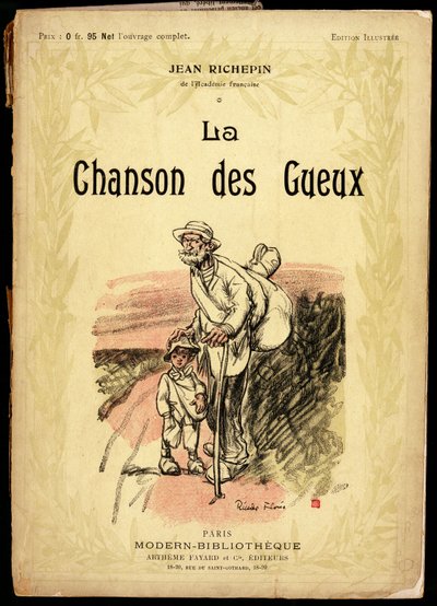 Viejo y niño pequeño, llevando nudos de viaje y zapatos envueltos en harapos, en un camino, ilustración de Ricardo Flores (fallecido en 1918), para la portada de la colección de textos y poesías titulada 