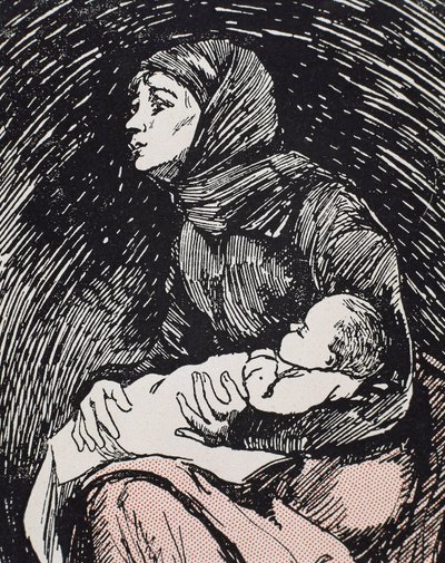 Nochebuena. 1900. Una mujer delgada con su hijo en brazos (grabado) de Ricardo Maria Navarrete
