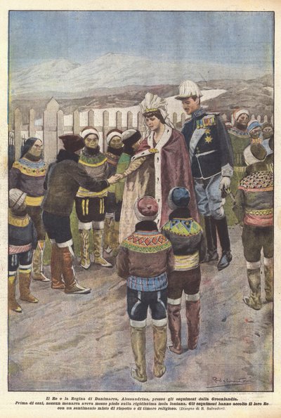 Los Reyes de Dinamarca, Alejandrina, a los esquimales de Groenlandia (litografía en color) de Riccardo Salvadori