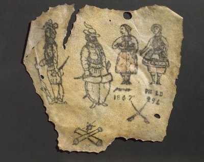 Piel humana tatuada con figuras, probablemente francesa de John Pardon