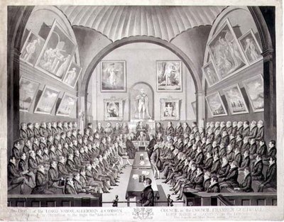 El Alcalde, los Concejales y el Consejo Común en la Cámara del Consejo del Guildhall, Londres, grabado por Thomas Sutherland, publicado 1825 de Richard (after) Dighton