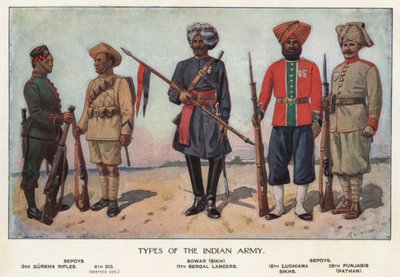 Soldados del ejército indio (litografía a color) de Richard (after) Simkin