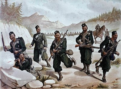 Los 3º Gurkhas en escaramuza, el ejército anglo-indio de la década de 1880 de Richard (after) Simkin