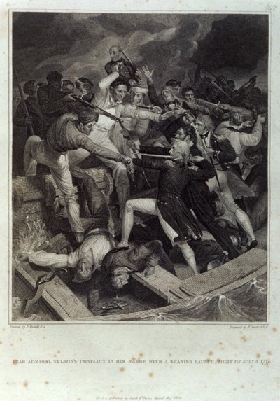 Conflicto del Contralmirante Nelson en su barca con un lanzamiento español, noche del 3 de julio de 1797, grabado por A. Smith, publicado por Cadell & Davies, mayo de 1809 de Richard (after) Westall