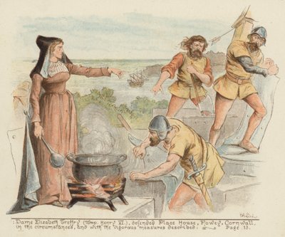 Dama Elizabeth Treffry defendiendo Place House, Fowey, Cornualles contra los franceses de Richard Andre