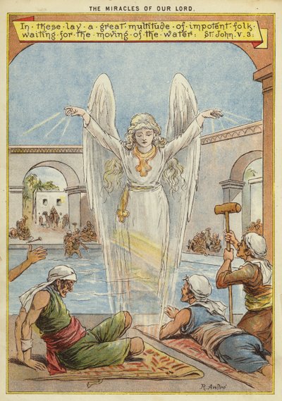 Los milagros de Cristo: enfermos esperando el movimiento del agua por un ángel de Richard Andre