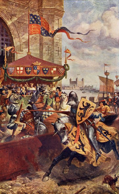 Justa Solemne en el Puente de Londres entre David de Lyndsays y Lord John de Welles en 1390, ilustración de 