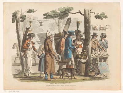 Escena callejera con comerciantes. Itinerantes en los bulevares (título sobre objeto) de Richard Brinsley Peake
