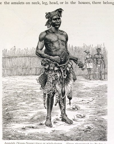 Azandeh (Nyam-Nyam) Binsa o curandero, grabado por Jahrmargt, de 