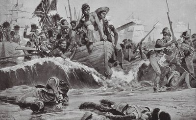 Las tropas británicas fuerzan un desembarco en la bahía de Aboukir frente a las baterías francesas (litografía) de Richard Caton II (after) Woodville