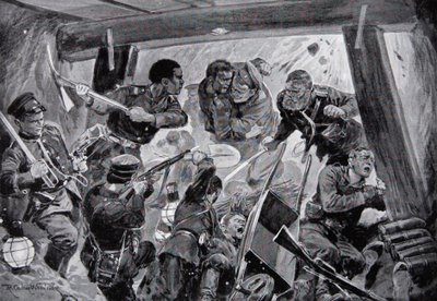La guerra ruso-japonesa: una lucha cuerpo a cuerpo en las fortificaciones de Port Arthur, ilustración de 