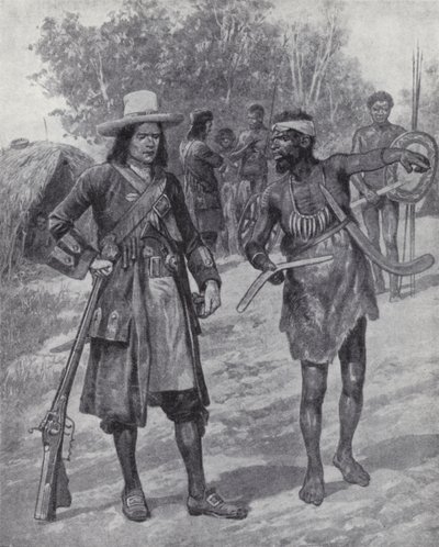 William Dampier con un hombre indígena durante su exploración de Australia, finales del siglo XVII de Richard Caton II (after) Woodville