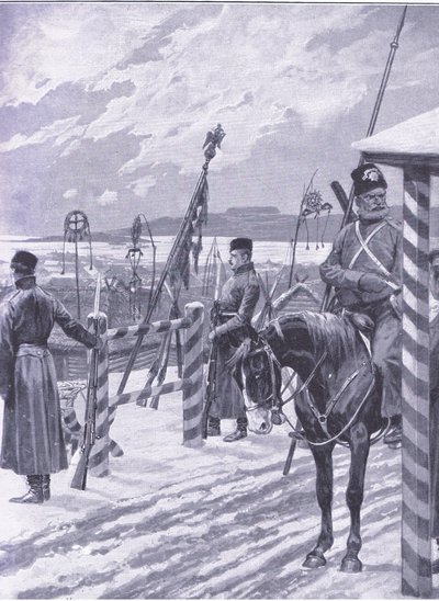 Una estación cosaca en Manchuria con signos tribales sobre las cabañas de los hombres, ilustración de Cassells History of the Russo-Japanese War Vol 1, c.1900 de Richard Caton Woodville