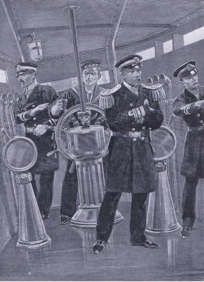 El almirante Togo en la torre de mando de su buque insignia, dirigiendo una acción naval, ilustración de la Historia de la Guerra Ruso-Japonesa de Cassell Vol 1, c.1900 de Richard Caton Woodville