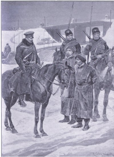 Arresto de espías japoneses descubiertos como coolies, ilustración de la Historia de la Guerra Ruso-Japonesa de Cassell Vol 1, c.1900 de Richard Caton Woodville