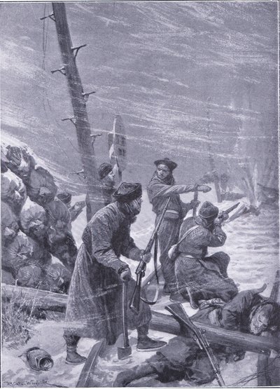 Ataque al ferrocarril por Chunchuses, ilustración de la Historia de la Guerra Ruso-Japonesa de Cassell Vol 1, c.1900 de Richard Caton Woodville