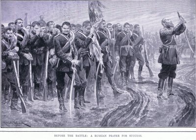Antes de la batalla: Una oración rusa por el éxito, ilustración de Cassells History of the Russo-Japanese War Vol 1, c.1900 de Richard Caton Woodville