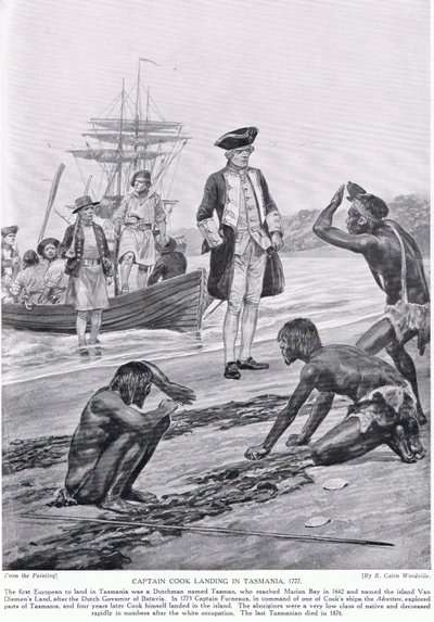 El capitán Cook desembarcando en Tasmania, 1777, ilustración de 