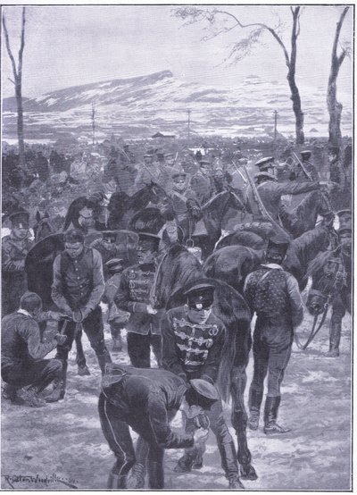 Campamento de caballería japonesa en Seúl: Herreros trabajando, ilustración de Cassells History of the Russo-Japanese War Vol 1, c.1900 de Richard Caton Woodville