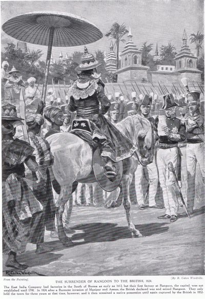 La rendición de Rangún a los británicos, 1824, ilustración de 