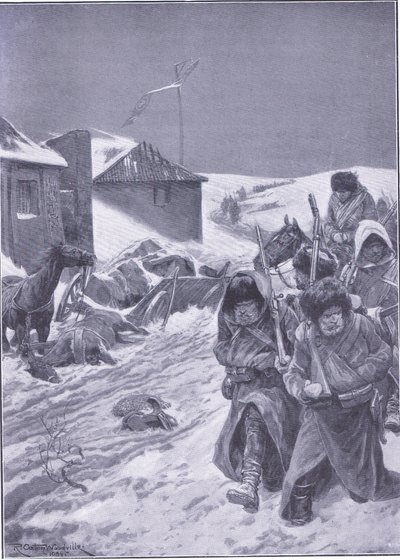 La marcha interminable hacia el este: Una vista familiar en el camino, ilustración de la Historia de la Guerra Ruso-Japonesa de Cassell Vol 1, c.1900 de Richard Caton Woodville