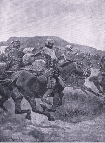 La caballería atacando la retaguardia y el transporte de De Wet, de Después de Pretoria: La Guerra de Guerrillas publicado por Harmsworth Bros Limited, 1901 de Richard Caton Woodville