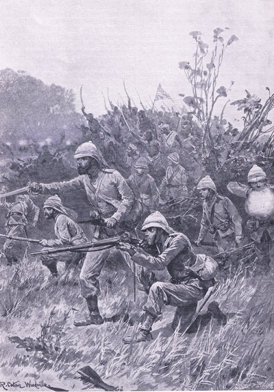 Avance de las fuerzas británicas en la campaña Ashanti de 1873, ilustración de British Battles on Land and Sea, 1915 de Richard Caton Woodville junior