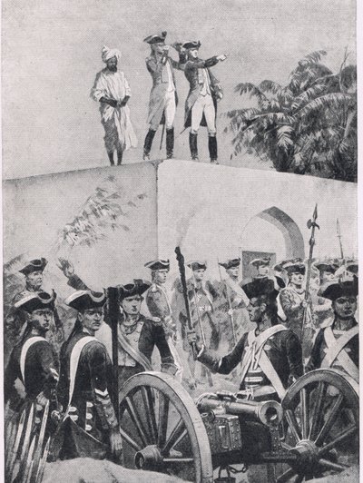 Batalla de Plassey, 23 de junio de 1757: Clive en el techo del pabellón de caza de Nawab Surat-ud-Daula, ilustración de British Battles on Land and Sea, 1915 de Richard Caton Woodville junior