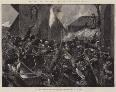 Batallas del ejército británico, Corunna, los 42º Highlanders expulsando a los franceses de Elvina de Richard Caton Woodville junior