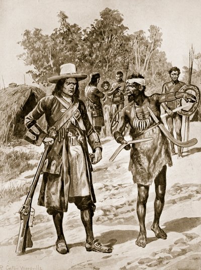 Dampier examinando un boomerang en Australia, ilustración de 