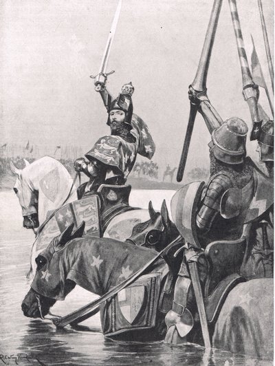 Eduardo III cruzando el Somme antes de la Batalla de Crécy, ilustración de 