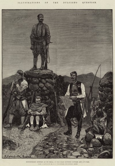 Ilustraciones de la Cuestión de Dulcigno, Puesto Avanzado Montenegrino en Pecorica, en el Camino entre Scutari y Antivari de Richard Caton Woodville junior