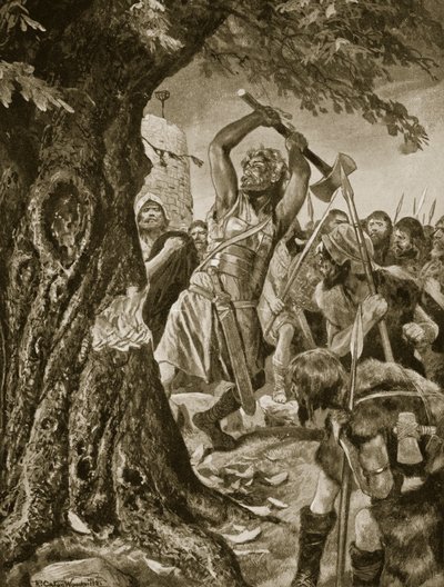 Malachy talando el árbol de coronación de Munster en 982, ilustración de 