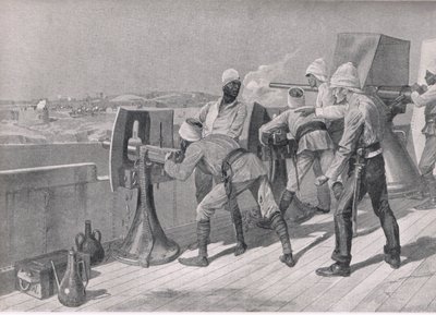 En el camino hacia el Nilo: Disparando a los derviches, ilustración de British Battles on Land and Sea, 1915 de Richard Caton Woodville junior