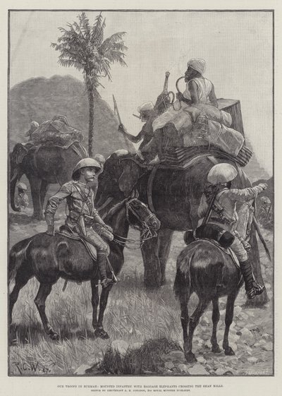 Nuestras Tropas en Birmania, Infantería Montada con Elefantes de Carga cruzando las Colinas Shan de Richard Caton Woodville junior
