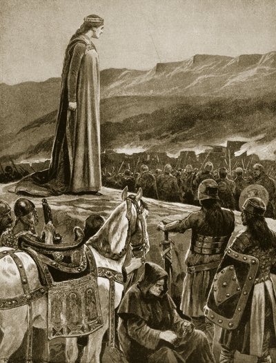 La Reina Ethelfled observando el asalto a Brecon, ilustración de 
