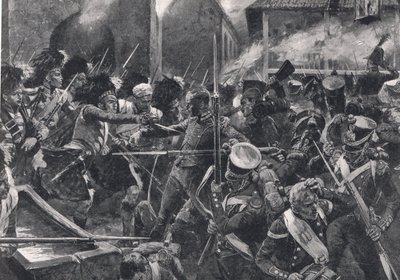 Los 42º Highlanders expulsando a los franceses de Elvina, ilustración de 