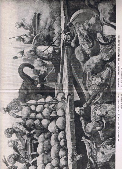 La batalla de Plassey, 23 de junio de 1757: La artillería del Nawab en su plataforma móvil, ilustración de British Battles on Land and Sea, 1915 de Richard Caton Woodville junior