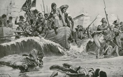 Las tropas británicas fuerzan un desembarco en la bahía de Aboukir frente a las baterías francesas de Richard Caton Woodville junior