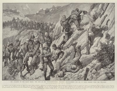 La limpieza de la cresta de Saran, los hombres del Regimiento de Northamptonshire heliografiando para pedir ayuda en su descenso con los heridos de Richard Caton Woodville junior