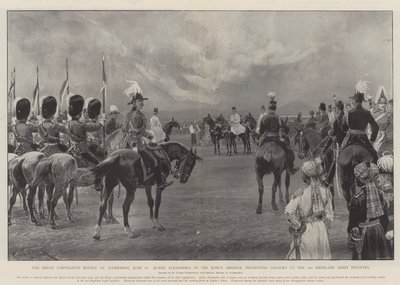 La gran revisión de la coronación en Aldershot, 16 de junio, la reina Alexandra, en ausencia del rey, presentando colores al 2º de Infantería Ligera de las Tierras Altas de Richard Caton Woodville junior