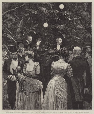Exposición Internacional de Salud, Fiesta Nocturna en Beneficio de los Hospitales de Londres, la Princesa de Gales vendiendo flores de Richard Caton Woodville junior