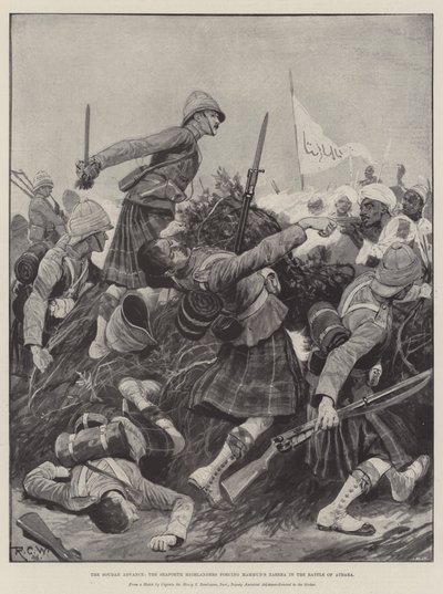 El avance de Sudán, los Seaforth Highlanders forzando la Zareba de Mahmud en la Batalla de Atbara de Richard Caton Woodville junior