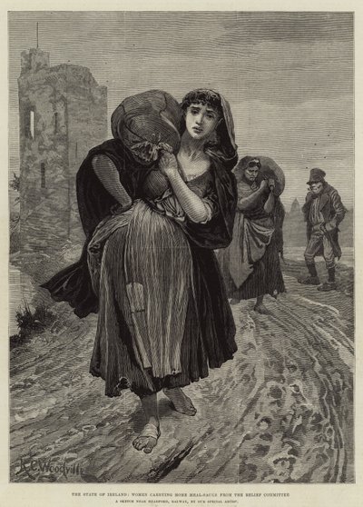 El estado de Irlanda, mujeres llevando sacos de comida a casa desde el comité de ayuda de Richard Caton Woodville junior