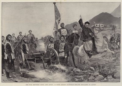 La guerra entre China y Japón, la artillería europea de Li Hung Chang en acción de Richard Caton Woodville junior
