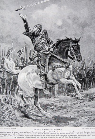La primera carga en Hastings: Taillefer el juglar de espadas cabalgó desde las filas cantando y lanzando su espada al aire, 1066, ilustración de 