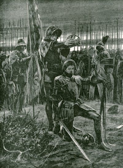 La coronación informal de Enrique VII por Lord Stanley en el campo de batalla de Bosworth, 22 de agosto de 1485 de Richard Caton Woodville junior