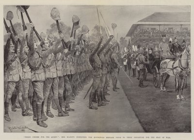 ¡Tres Vivas por la Reina!, Su Majestad Inspeccionando la Brigada de la Casa Antes de su Partida hacia el Frente de Guerra de Richard Caton Woodville junior