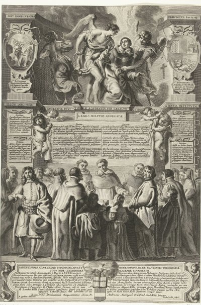 Instelling van de broederschap Militia Angelica de Tomás de Aquino, 1649 El origen de la Milicia Angélica, el divino Tomás de Aquino; bajo su cinturón celestial de castidad, instituido (título sobre el objeto) de Richard Collin